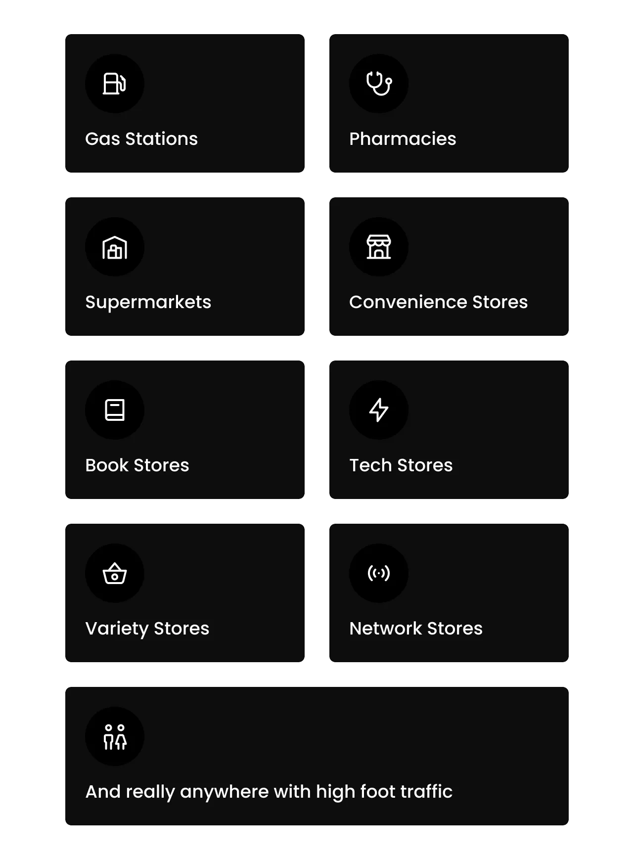 Gas Stations, Pharmacies, Supermarkets, Convenience Stores, Book Stores, Tech Stores, Variety Stores, Network Stores, and really anywhere with high foot traffic.